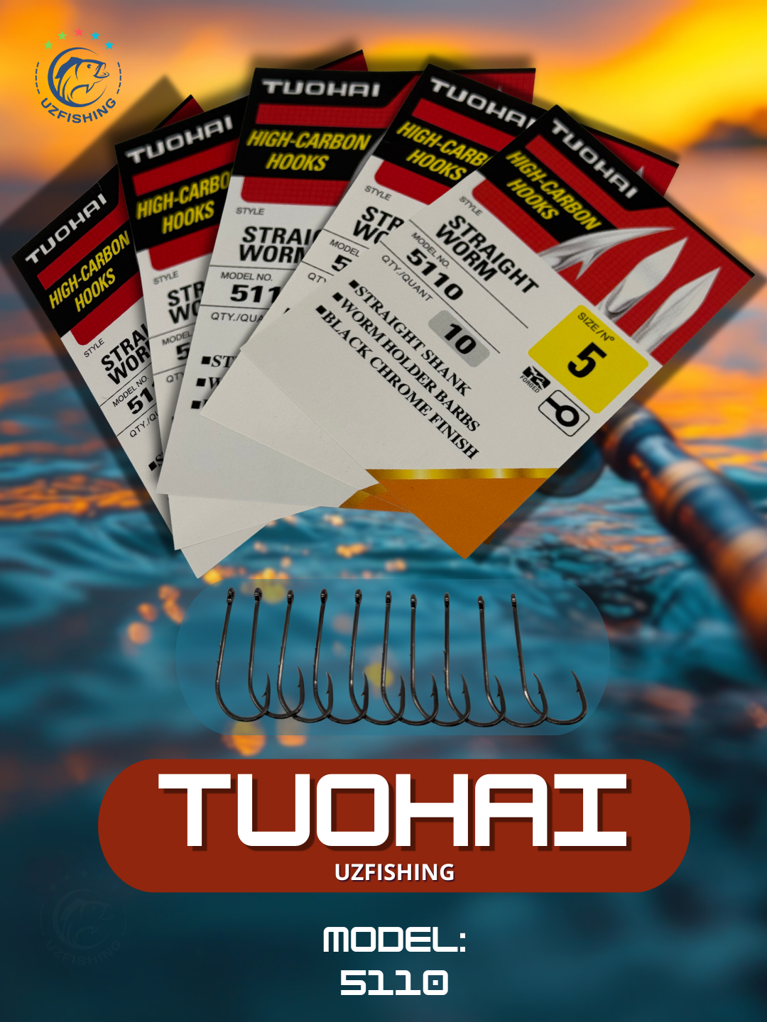 Крючки рыболовные TUOHAI 5110 Straight Worm из высокоуглеродистой стали, 10 шт.