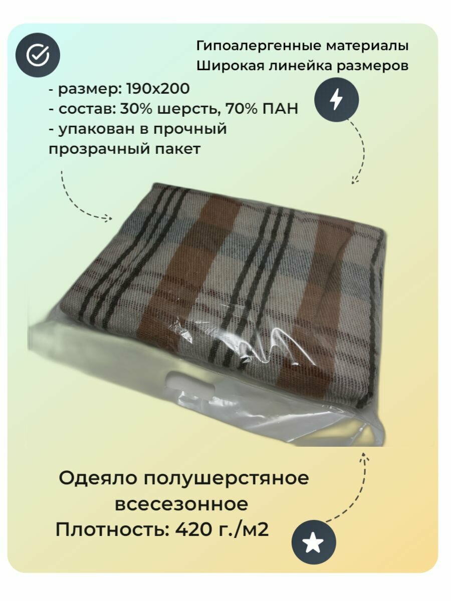 Одеяло полушерстяное 2спальное(2х спальное) 190x200 см, Всесезонное, теплое/ одеяло для кемпинга / одеяло для дачи / одеяло в палатку