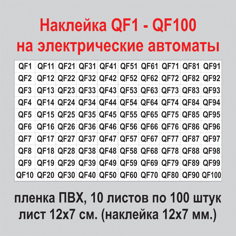 Наклейки "QF 1-100" для маркировки электрических автоматов 10 листов