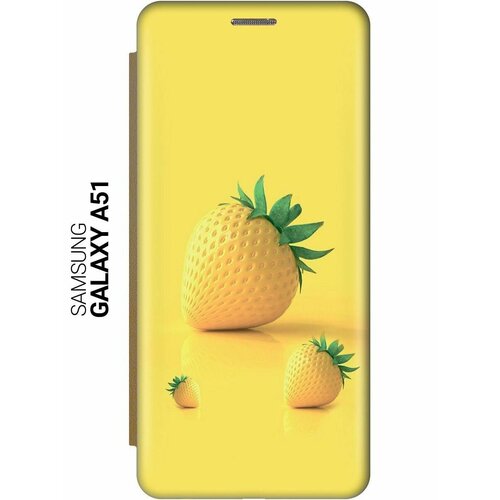 Чехол-книжка на Samsung Galaxy A51, Самсунг А51 c принтом Желтая клубника золотистый чехол книжка на samsung galaxy a51 самсунг а51 c принтом клубника и сливки золотистый