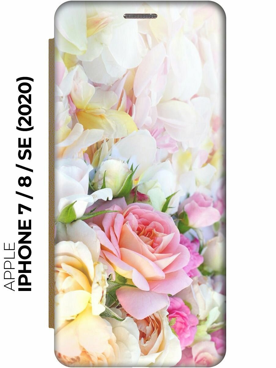Чехол-книжка на Apple iPhone SE (2022) / SE (2020) / 8 / 7 / Эпл Айфон СЕ 2022 / СЕ 2020 / 8 / 7 с рисунком "Нежные розы" золотой