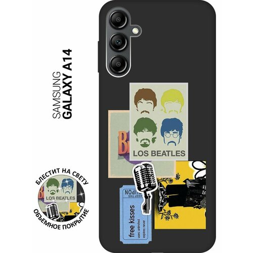 Матовый Soft Touch силиконовый чехол на Samsung Galaxy A14, Самсунг А14 с 3D принтом Beatles Stickers черный матовый soft touch силиконовый чехол на samsung galaxy a14 самсунг а14 с 3d принтом soviet stickers черный