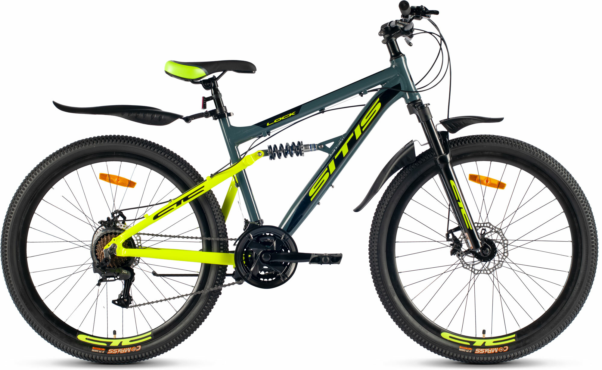 Велосипед горный SITIS LOCK 26" (2023), full-suspension, детский, мужской, для мальчиков, алюминиевая рама, 21 скорость, дисковые механические тормоза, цвет Dark Grey-Green-Black, серый/зеленый/черный цвет, размер рамы 17", для роста 170-180 см