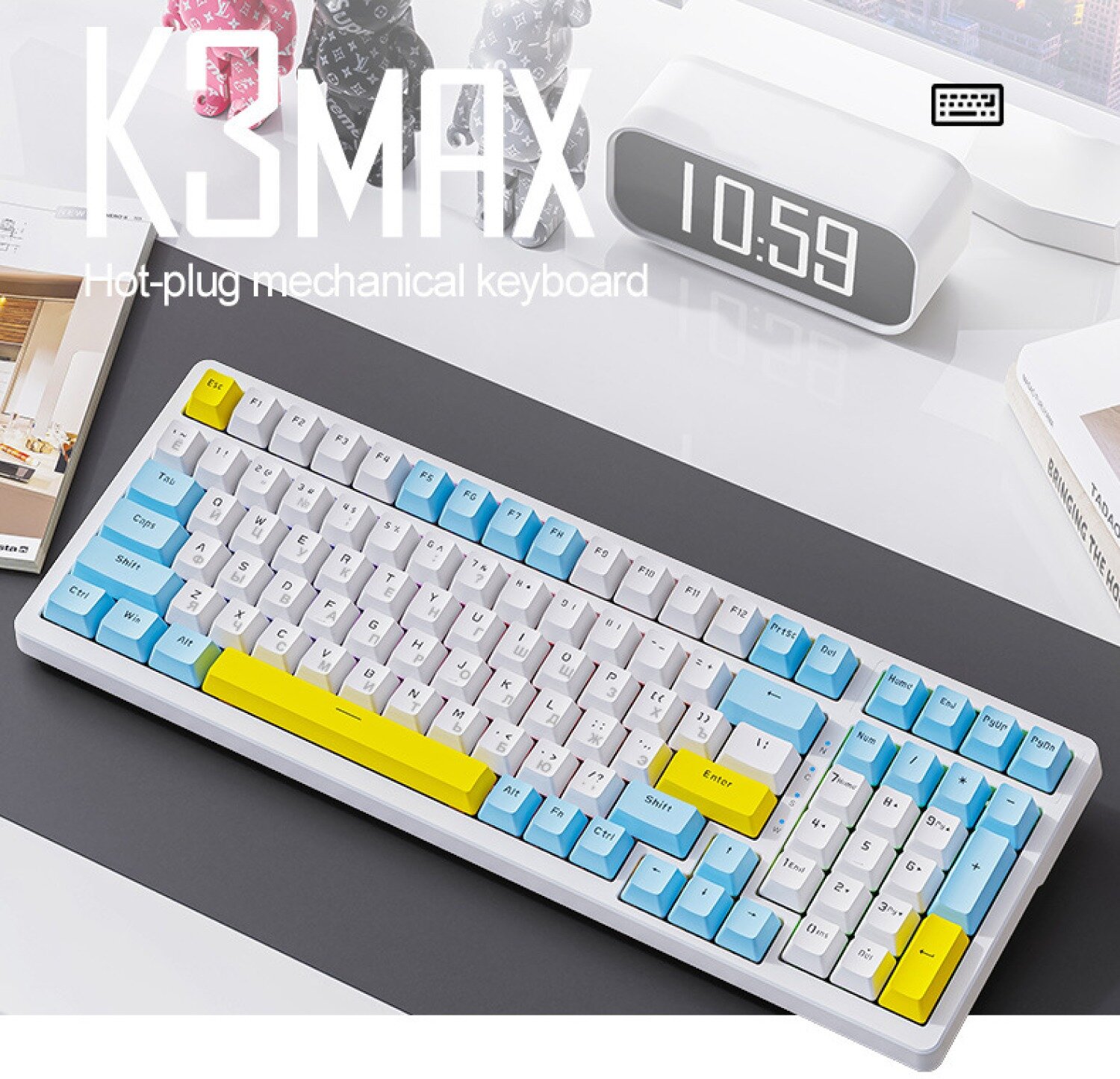 Клавиатура механическая русская Wolf K3 MAX с подсветкой + Hot Swap проводная для компьютера ноутбука Gaming/game keyboard usb светящаяся (голубой)