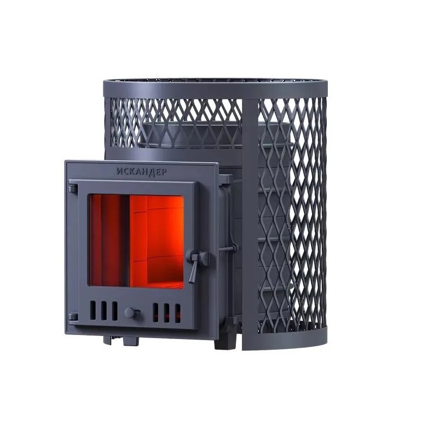 фото Чугунная дровяная печь для бани Искандер 25 в сетке стекло (М)