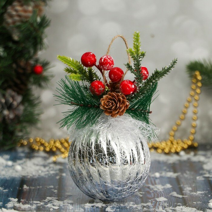 Шар пластик декор "Блеск рождества" полосы, 8х13,5 см, серебро (арт. 9692846)