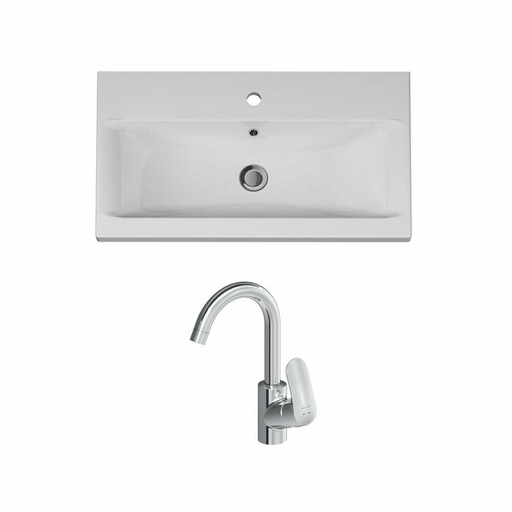 фото Раковина для ванной AM.PM Gem M90WCC0752WG-F8002700 с поворотным смесителем Like хром, 75 см, мебельная, встроенная, белый глянец,