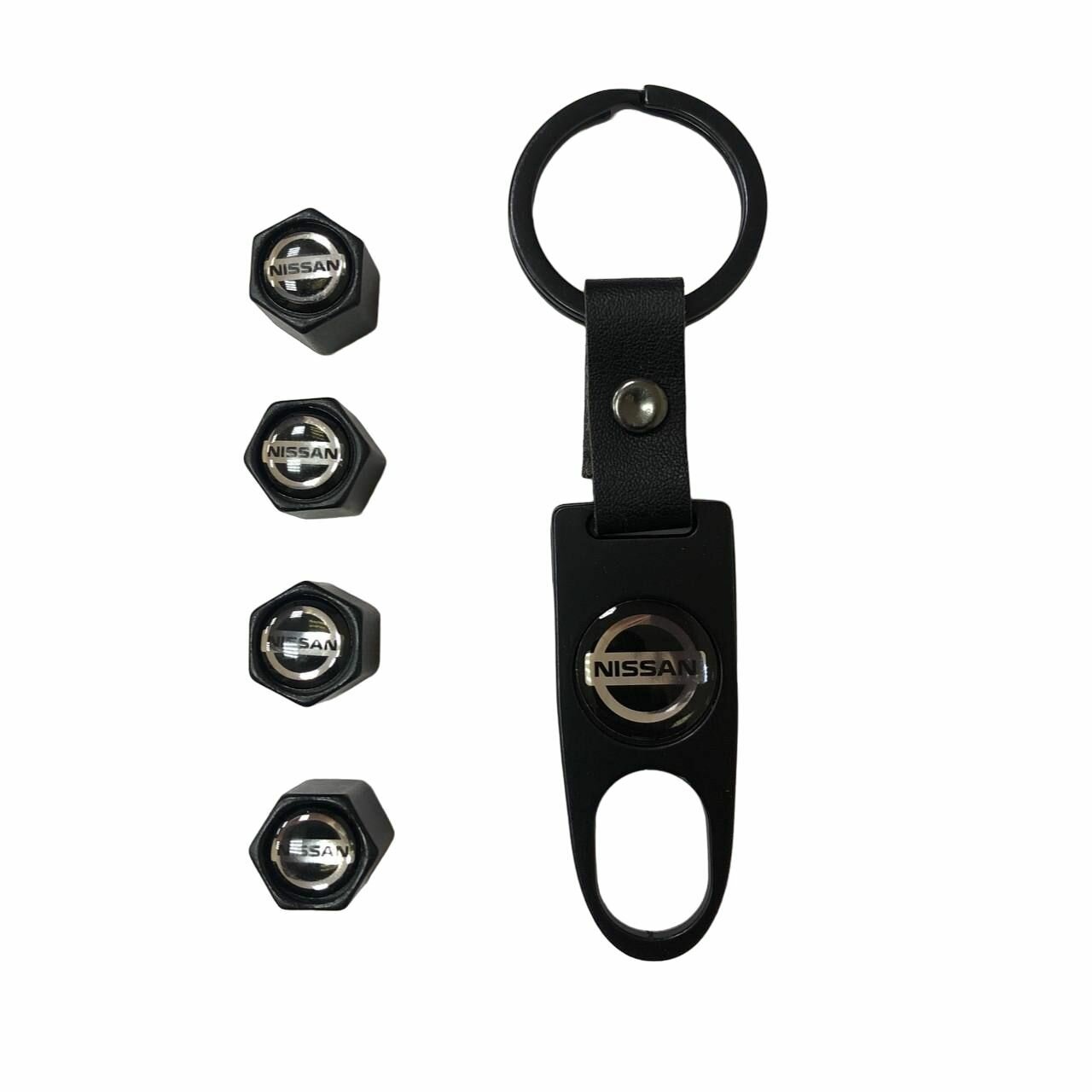 Колпачки на ниппель с брелком-ключом NISSAN, черный, 4шт.