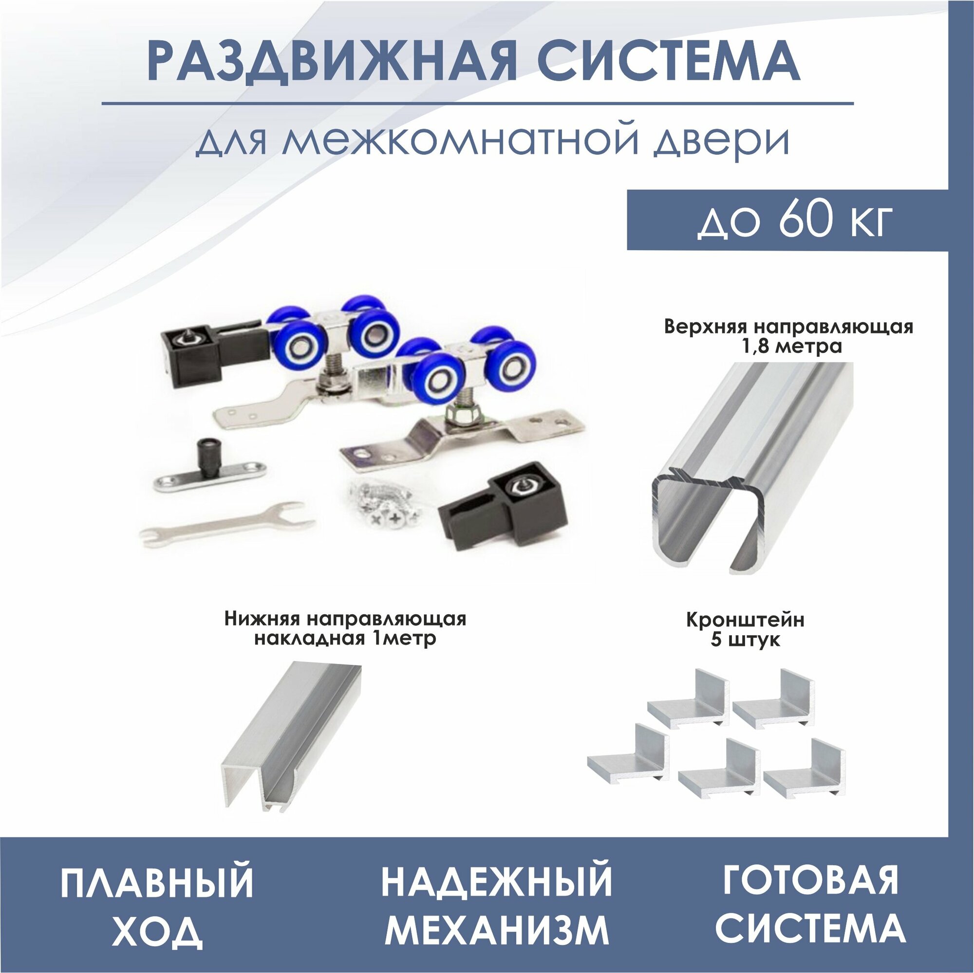 Раздвижная система для межкомнатной двери SDS R3/N1 (комплект роликов SDS R3 + верхняя направляющая SDS 18 м 1N +нижняя направляющая)