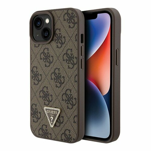 Guess чехол для iPhone 15, PU кожа 4G Triangle Diamond metal logo коричневый