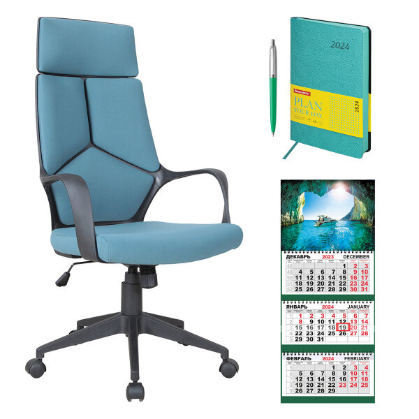 Кресло офисное BRABIX PREMIUM "Prime EX-515", ткань, голубое 531568 + ежедневник датированный А5 + ручка шариковая PARKER Jotter Plastic CT + календарь-трио