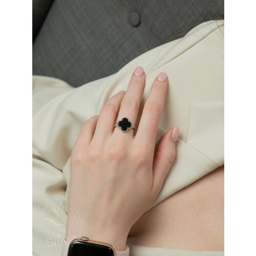 фото Кольцо l-silver, серебро, 925 проба, родирование, агат, размер 19, черный, серебряный