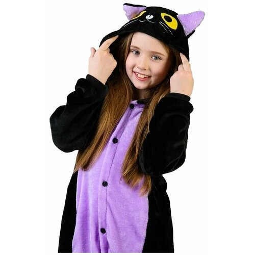 Кигуруми Кот размер 130-140, фиолетовый, черный