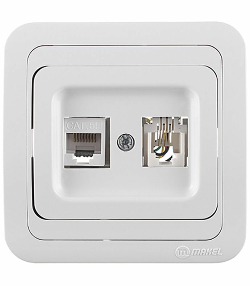 фото Розетка телефонная/компьютерная с рамкой Makel Mimoza 12037 скрытая установка белая модули RJ11 и RJ45 cat 5е