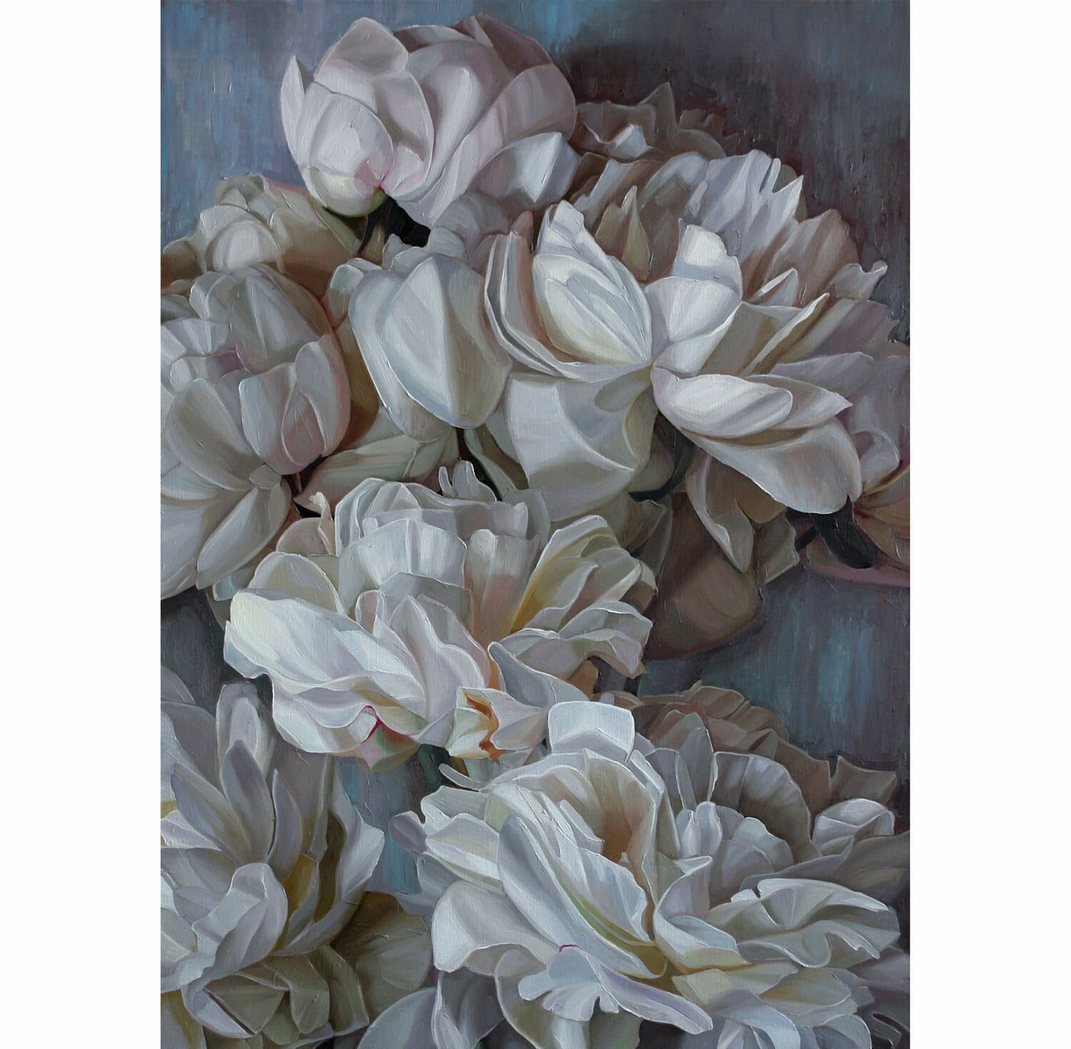 Картина маслом ручной работы "Белые пионы", холст 70х100 см, для интерьера