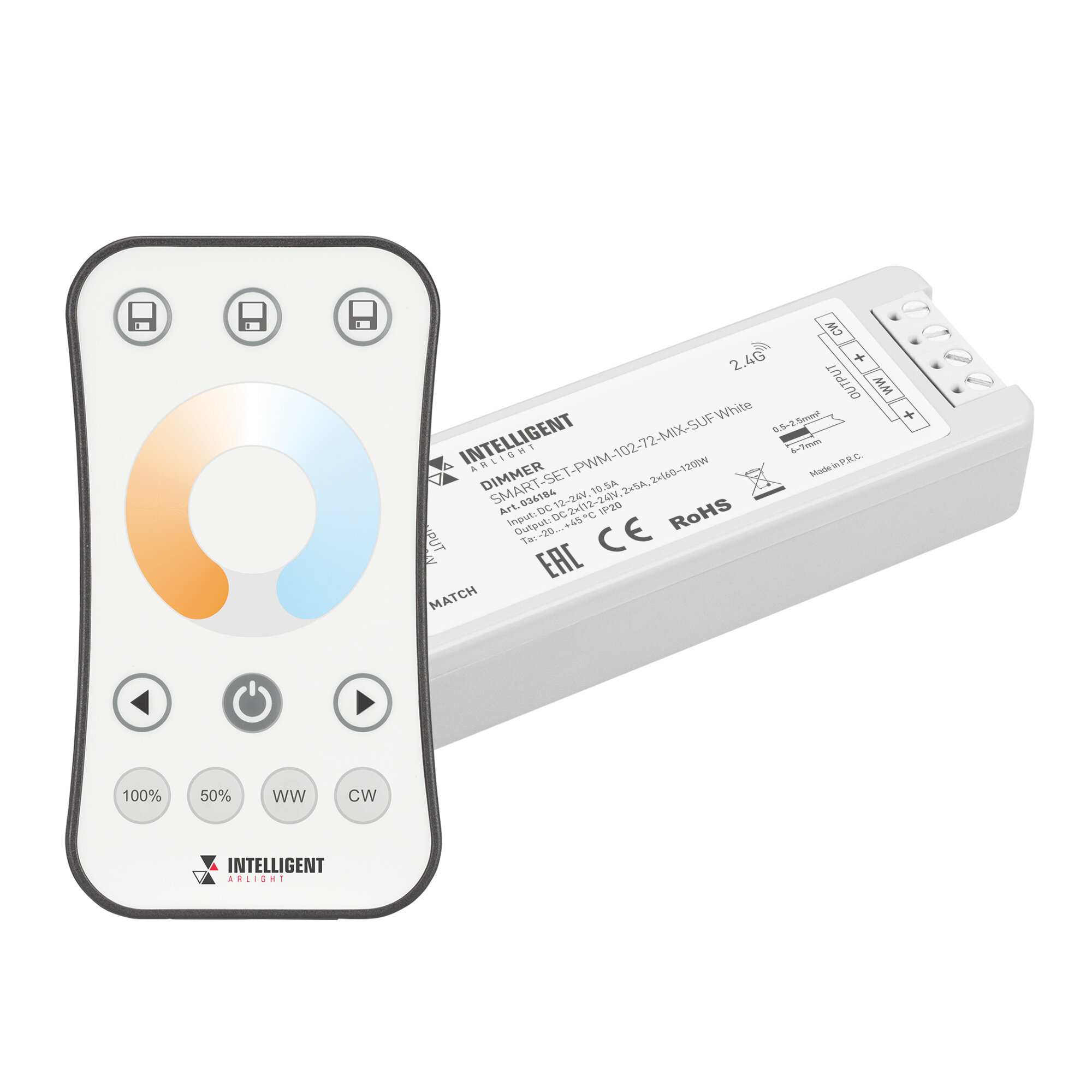 Диммер Arlight INTELLIGENT ARLIGHT Диммер SMART-SET-PWM-102-72-MIX-SUF White (12-24V, 2x5A, ПДУ RING 10кн, 2.4G) (IARL, IP20 Пластик, 5 лет)