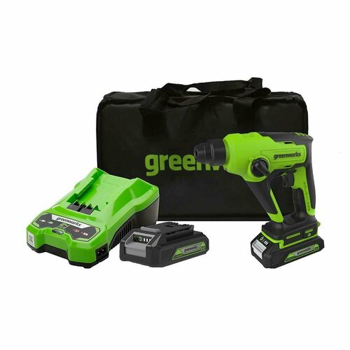 Перфоратор аккумуляторный Greenworks GD24SDS1K2 (3803107UA) 1,2 Дж 24В 1х2Ач Li-Ion SDS-plus с АКБ и ЗУ перфоратор аккумуляторный бесщеточный greenworks арт 3803107ua 1 2 дж 24v c 1хакб 2ач и зу в сумке