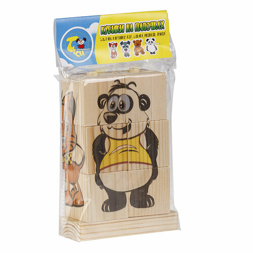 фото Кубики на палочках тутси "составь картинку. кот, собака, медведь, панда" (дерево, 6 элементов, печат