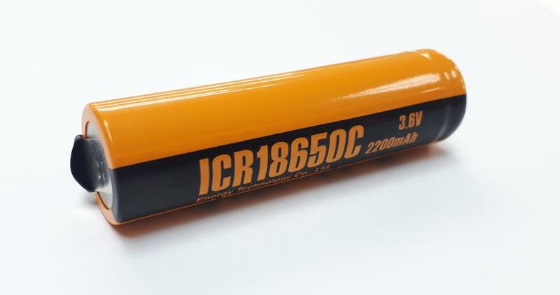 Аккумулятор Energy Technology 18650 ICR18650C 3.6V 2200mAh (без защиты, плоский плюс, с пластинами) , 1шт.