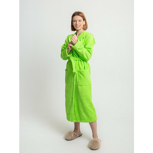 фото Халат lilians удлиненный, длинный рукав, пояс, капюшон, карманы, банный, размер 116, зеленый