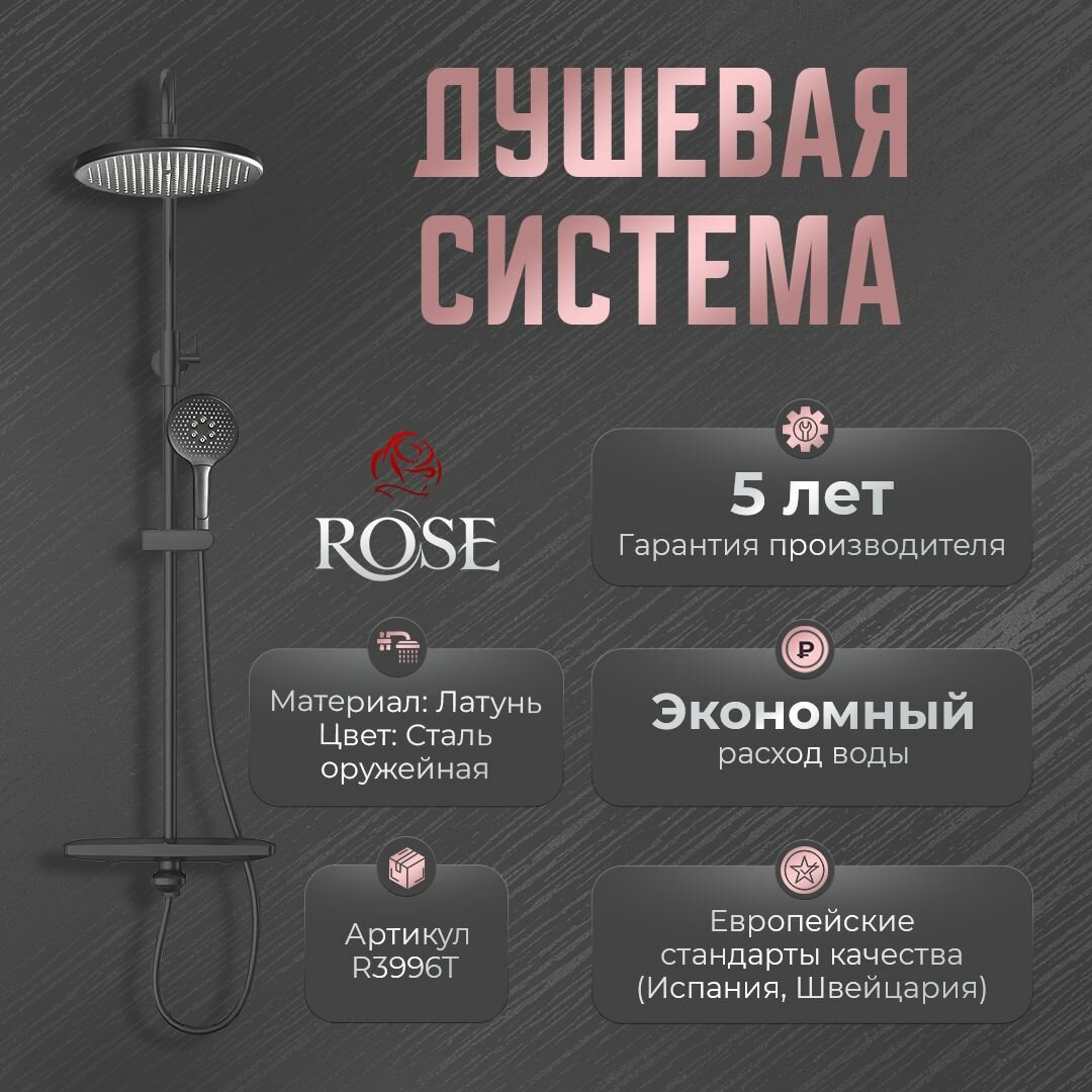 Душевая система Rose с термостатом R3996Т латунь, цвет оружейная сталь, поверхность матовая