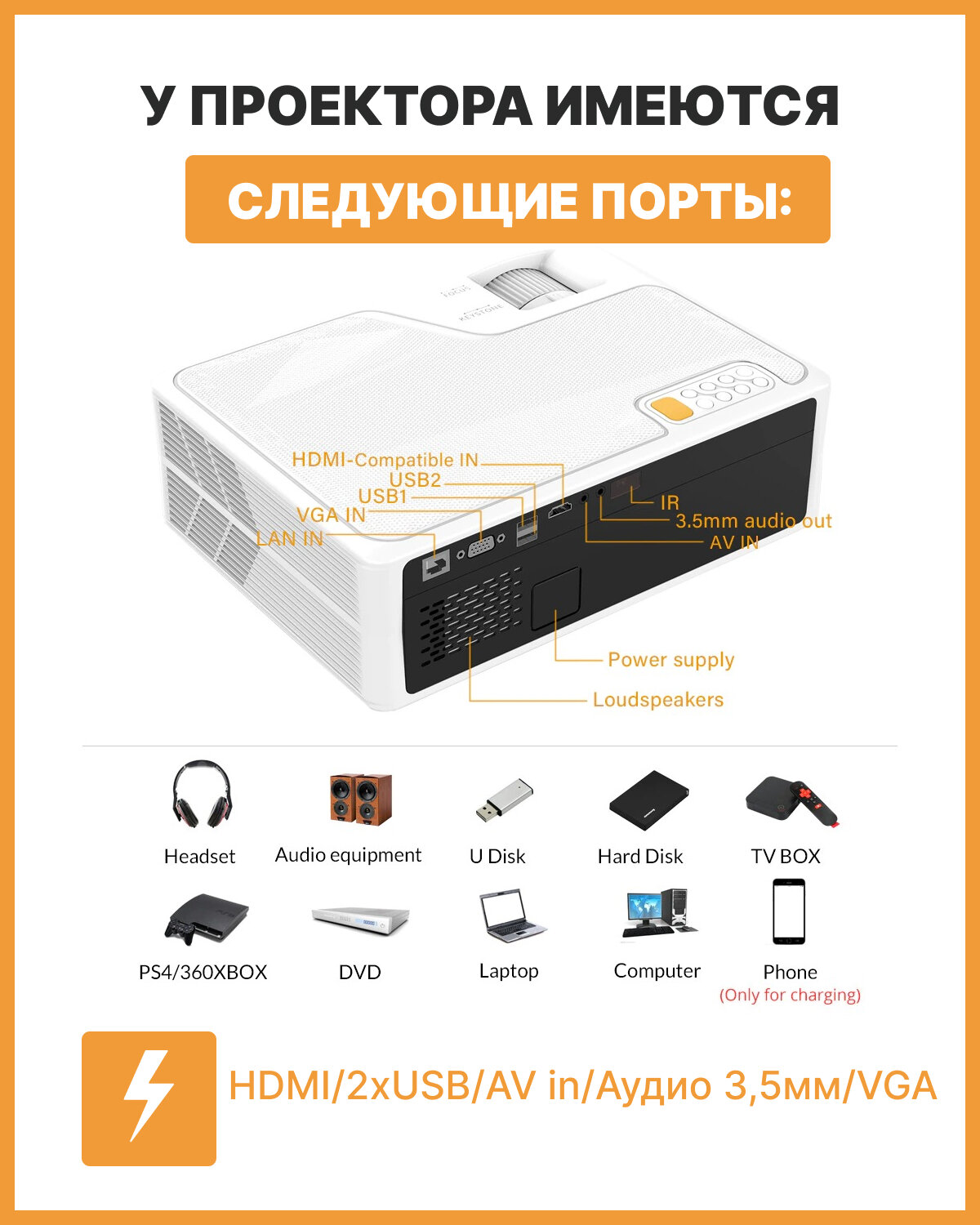 Проектор Everycom YG625A 1920x1080 (Full HD) 3000:1 7000 лм LCD 26 кг