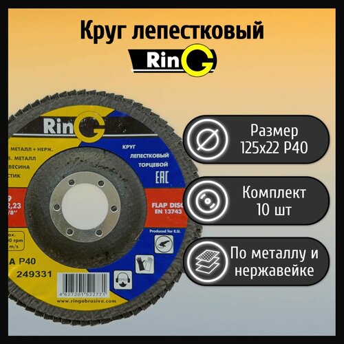 круг лепестковый торцевой 125х22 р40 ring а тип 29 металл и нержавеющая сталь 10 шт Круг лепестковый торцевой 125х22 Р40 Ring А тип 29 металл и нержавейка, древесина, пластик (10 шт)