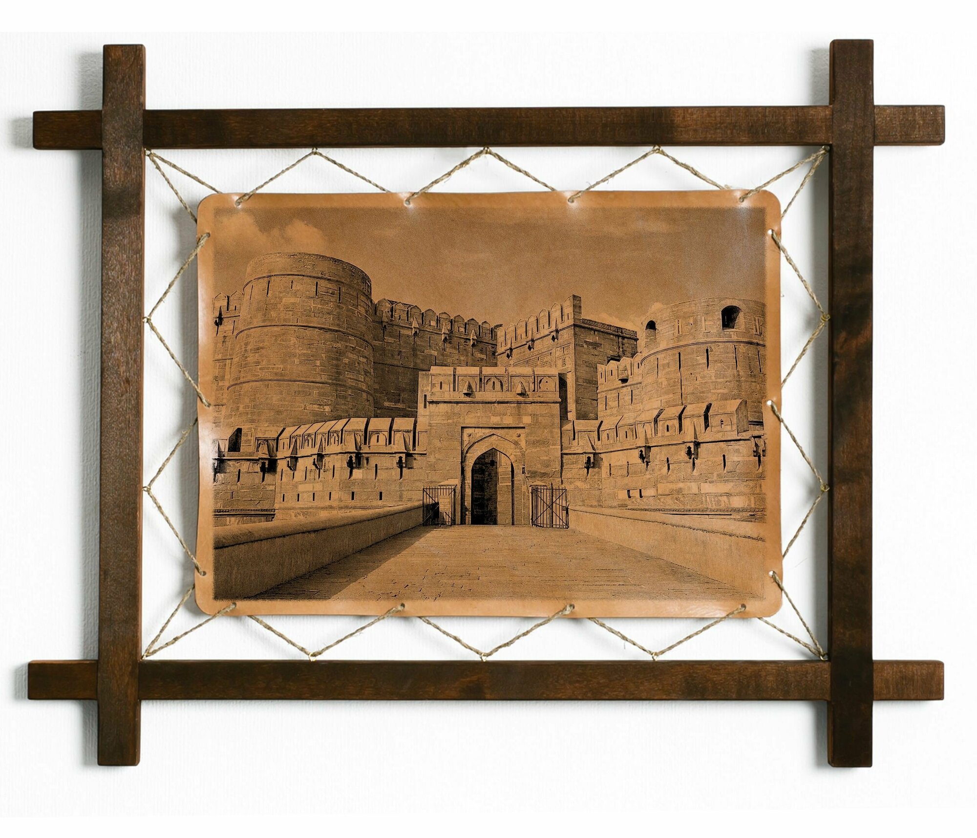 Картина Красный форт Агры, Индия, гравировка на натуральной коже, интерьерная для украшения и декора на стену в деревянной раме, подарок, BoomGift
