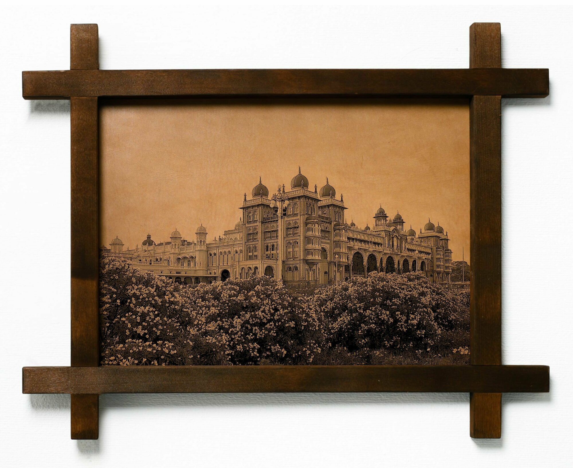 Картина Майсурский дворец, Индия, гравировка на натуральной коже, интерьерная для украшения и декора на стену в деревянной раме, подарок, BoomGift