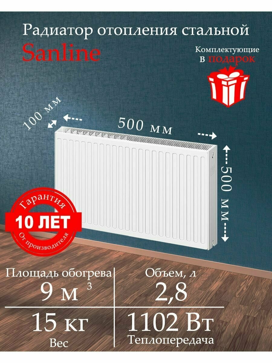 Панельный стальной радиатор Sanline 22х500х500