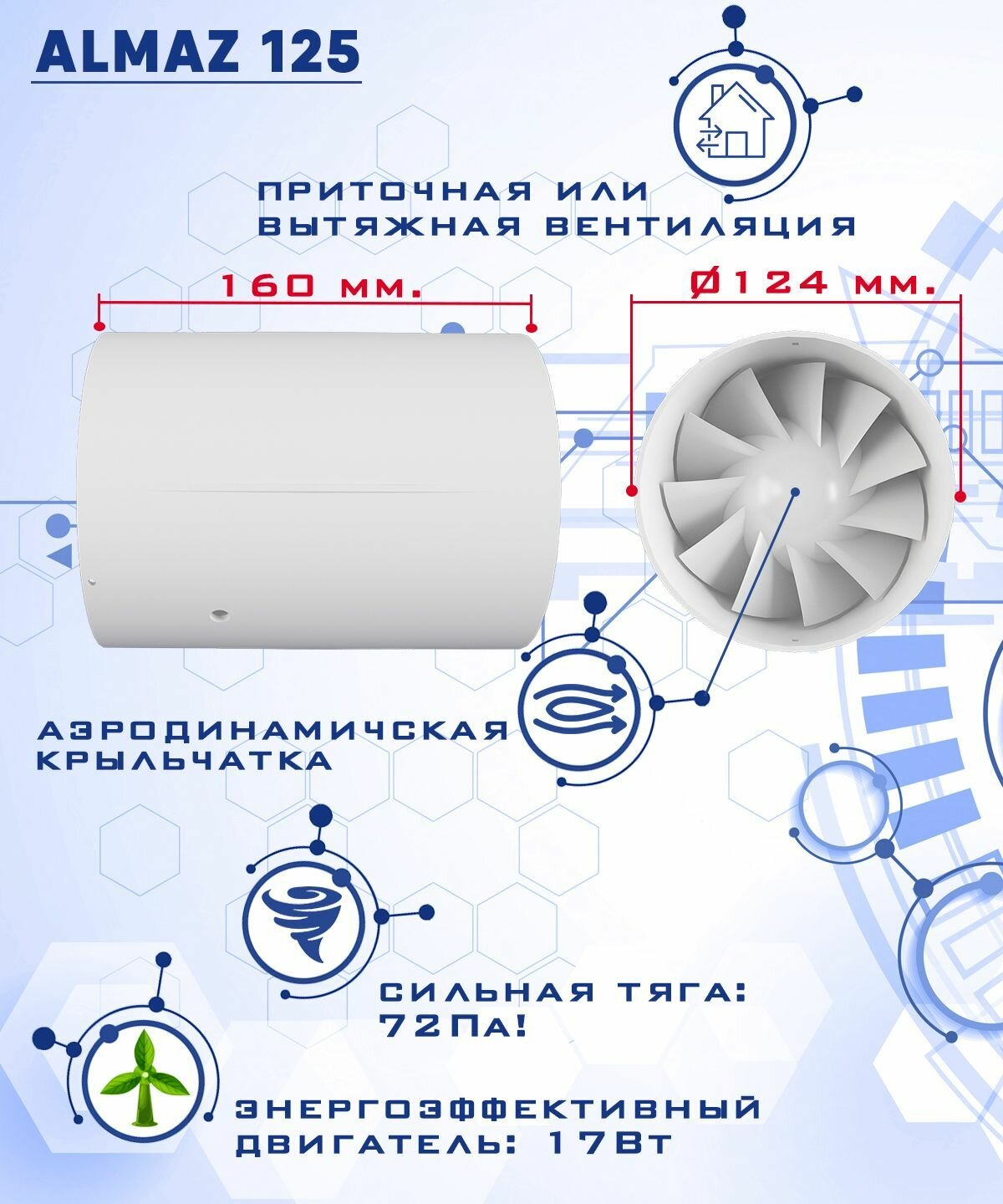 ALMAZ 125 осевой канальный 197 куб. м/ч. малошумный 32 Дб вентилятор 17 Вт на шарикоподшипниках диаметр 125 мм ZERNBERG