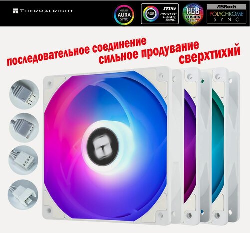 Изображение товара Комплект из 3 белых тихих 120 мм вентилятор для корпуса Thermalright TL-C12 с aRGB подсветкой