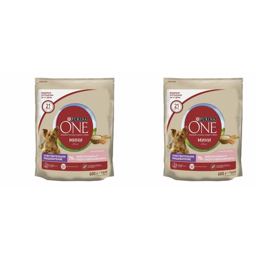 Purina One сухой корм для взрослых собак мелких пород с чувствительным пищеварением, с лососем и рисом, 600 г, 2 шт