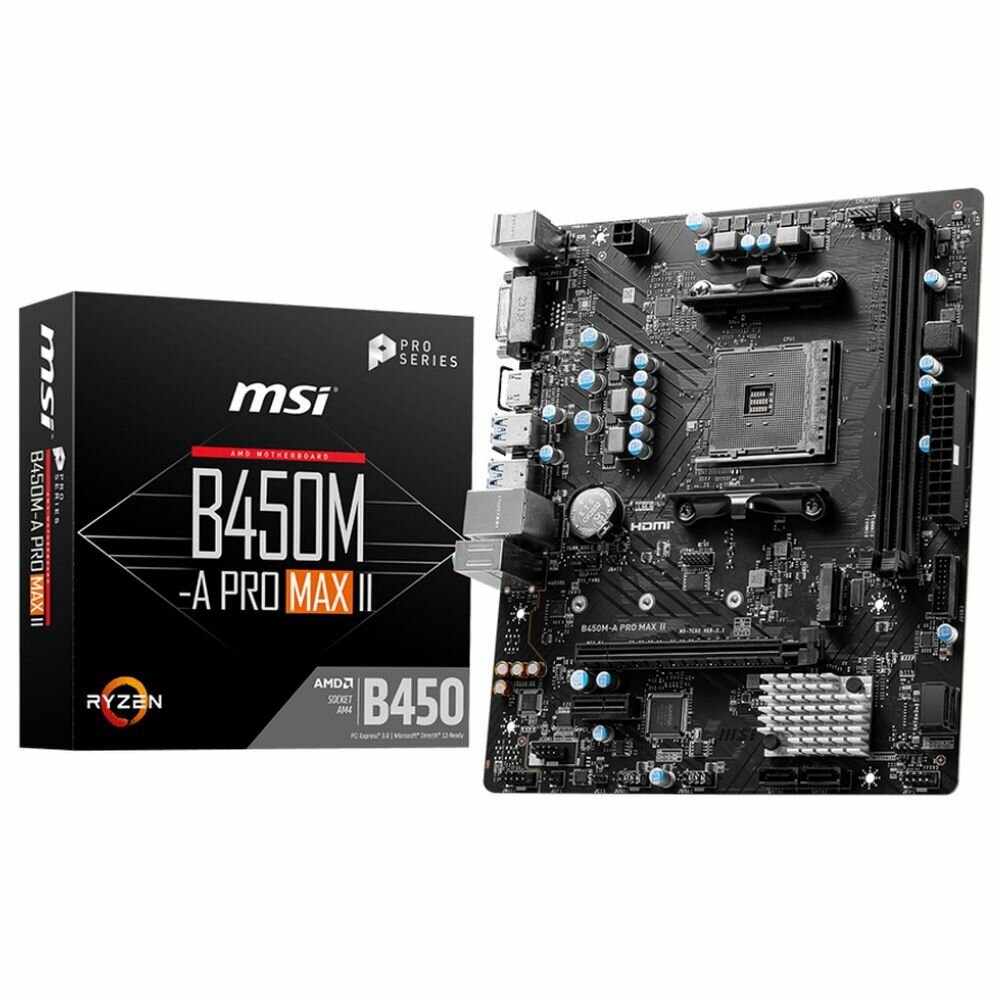 Материнская плата MSI B450M-A PRO MAX II AM4 2DDR4 1PCI-Ex16 1M.2 4SATA3 6USB3.2 Gen1 6USB2.0 HD Audio