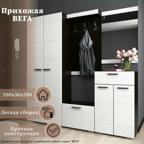 Прихожая комплект Вега с вешалкой, со шкафом комби, с тумбой 600, тумбой под обувь и зеркалом, 2000х36х2002 мм, черно-белая