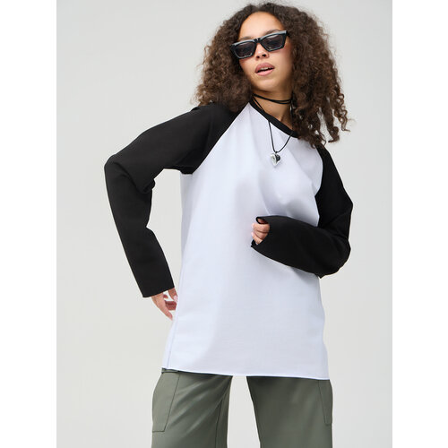 Лонгслив оверсайз, хлопок, футер, однотонный, дышащий материал, трикотаж, размер XS/S, белый, черный