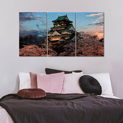 Модульная картина/Модульная картина на холсте/Модульная картина в спальню/Модульная картина в подарок - Пагода с зелёной крышей и сакура 90х50