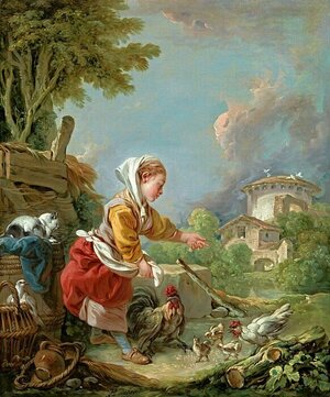 "Девочка, кормящая домашнюю птицу", Буше, Франсуа, картина (репродукция) (30х36 см / на подрамнике)