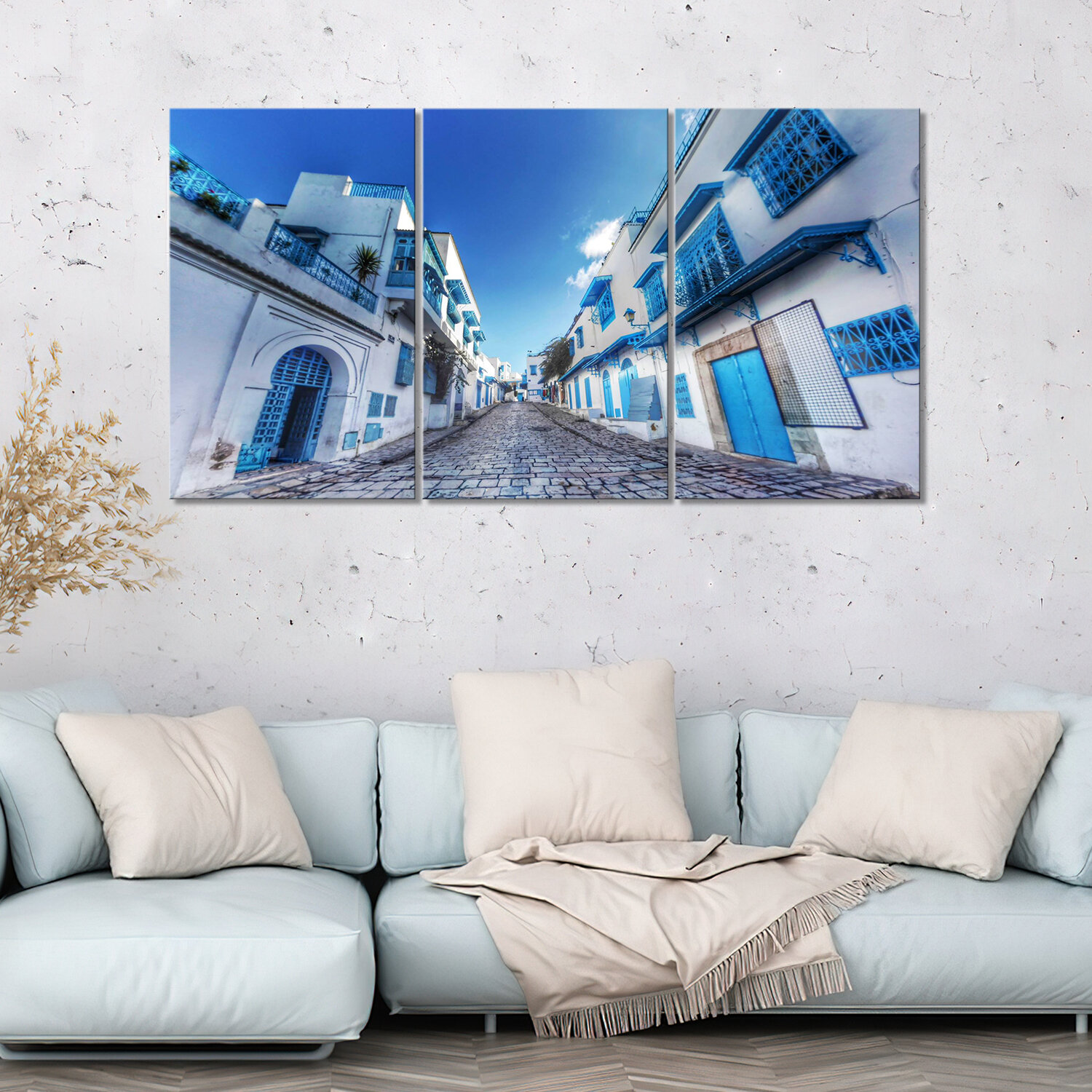 Модульная картина/Модульная картина на холсте/Модульная картина в спальню/Модульная картина в подарок - Сиди-Бу-Саид город в Тунисе 90х50
