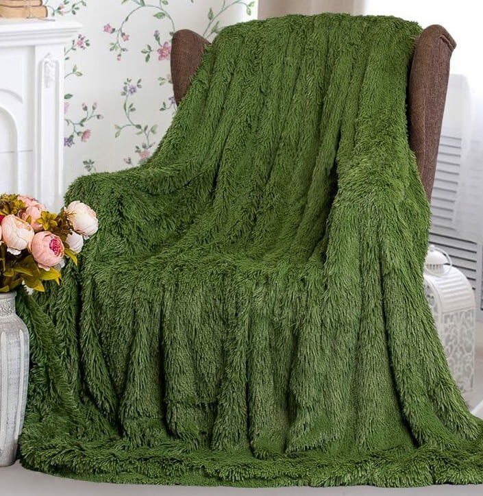 фото Пушистый меховой плед покрывало с длинным ворсом шиншилла травка 210х220 см, цвет хаки