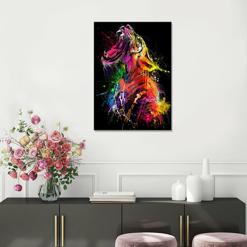 Интерьерная картина на холсте - Разноцветный тигр красками арт на чёрном фоне 60х80