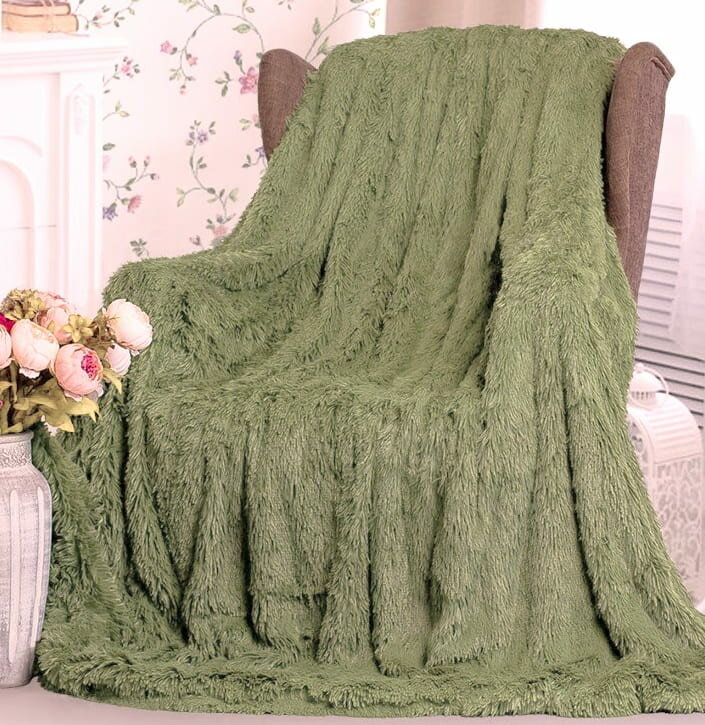 фото Пушистый меховой плед "Травка" с длинным ворсом цвет Оливковый , Евро 220/240