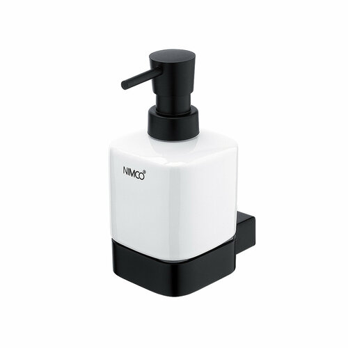 Дозатор для жидкого мыла настенного монтажа фабрики Nimco коллекция Kibo Black, колба из белой керамики, латунная помпа в цвете черный матовый