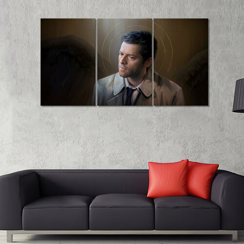 Модульная картина/Модульная картина на холсте в подарок/Supernatural Castiel with a halo/Сверхъестественное Кастиэль с нимбоМ 180х100