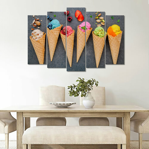 Модульная картина/Модульная картина на холсте/Модульная картина в подарок/Colorful ice-cream in a cone - Мороженое в рожке цветное 125х85