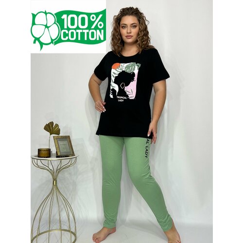 фото Пижама , брюки, футболка, короткий рукав, карманы, размер 50, зеленый, черный lunair