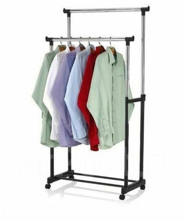 Двойная напольная металлическая вешалка для одежды с перекладиной и на колесиках - стойка для одежды