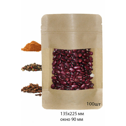 Дой-пак 135х225 (35+35) бумажный крафт с окном 90 мм с замком zip-lock 100 штук