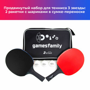 Gamesfamily Набор для настольного тенниса: 2 полупрофессиональных ракетки, 3 белых мячика 40+мм и черная водонепроницаемая сумка-переноска с ручкой на молнии