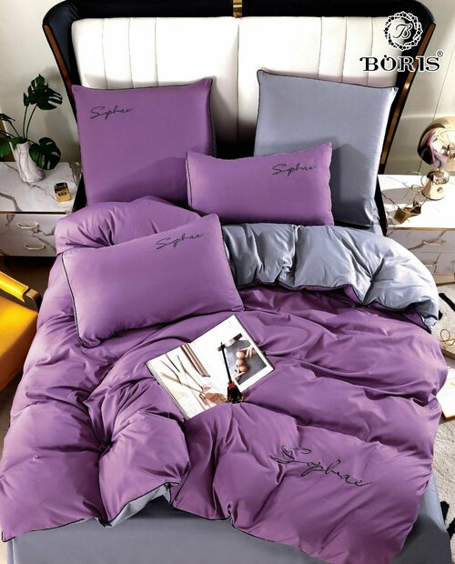 Комплект постельного белья Boris, 1,5 спальный, Жатка, Фиолетовый / Серый
